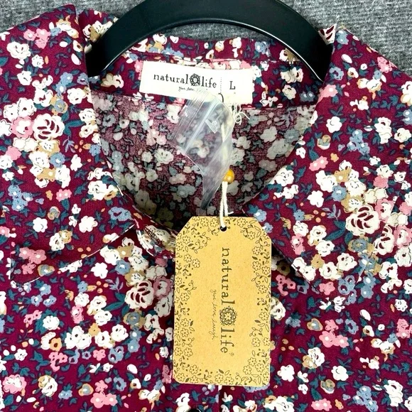 NWT Natural Life Women’s Floral Boho 3/4 Sleeve Collared Shirt Dress Burgundy L - Picture 8 of 14